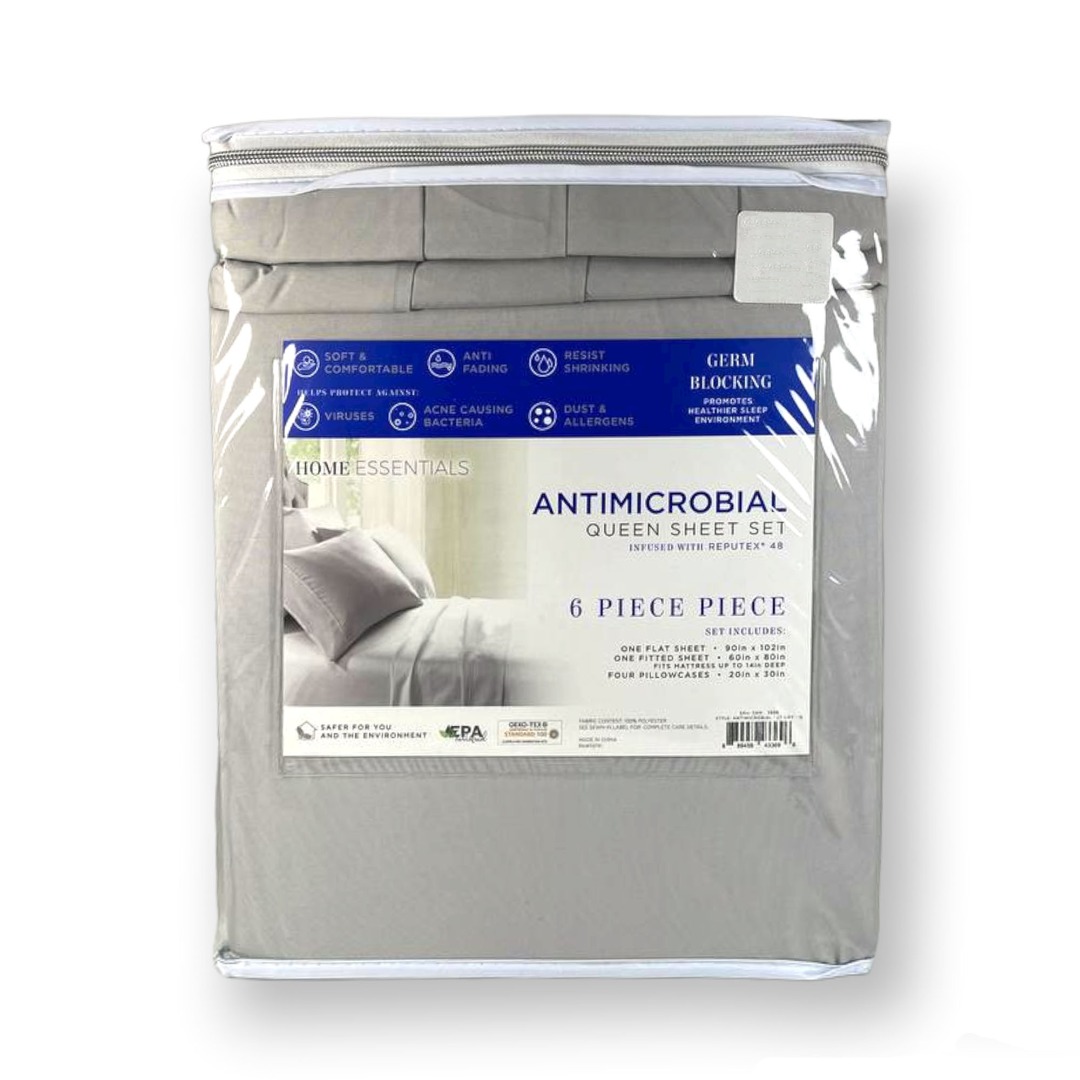 HOME ESSENTIALS Antimicrobial 6 Piece Queen Sheet Set (Grey), Furniture