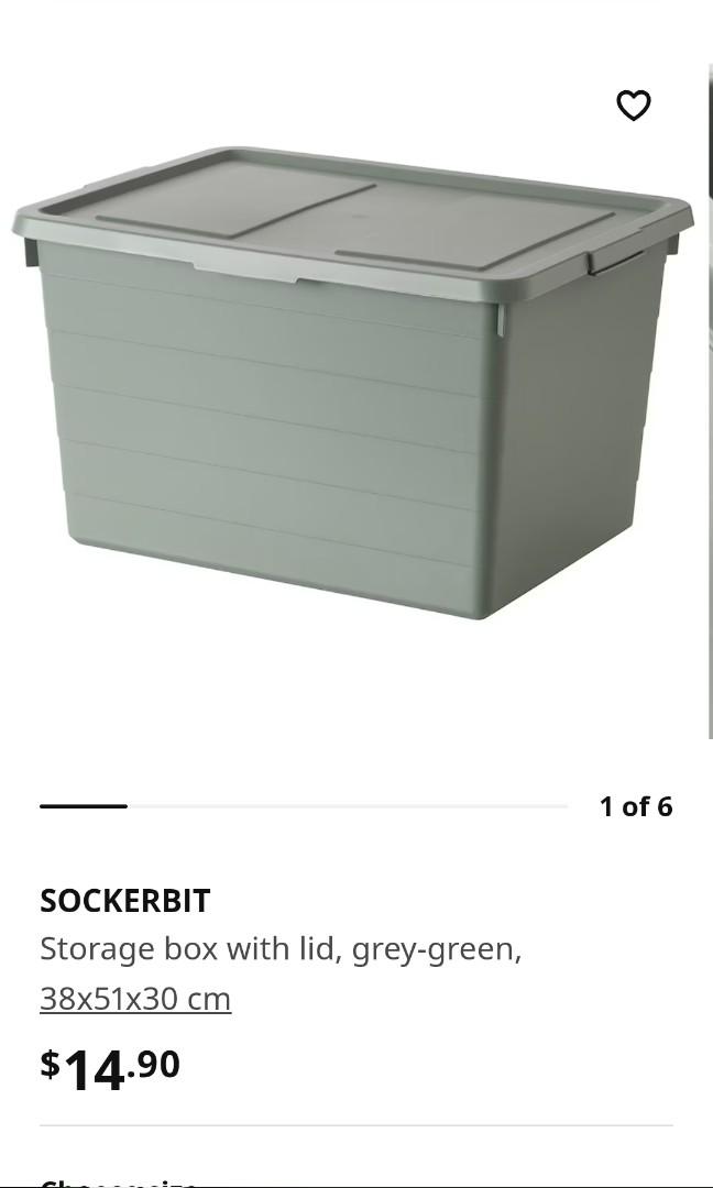 SOCKERBIT Storage box with lid - grey-green 38x51x30 cm