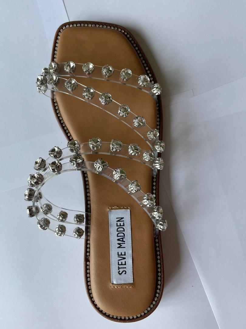 Steve Madden Skyler-P Clear Pyramid Studded Flat Sandals, Women's