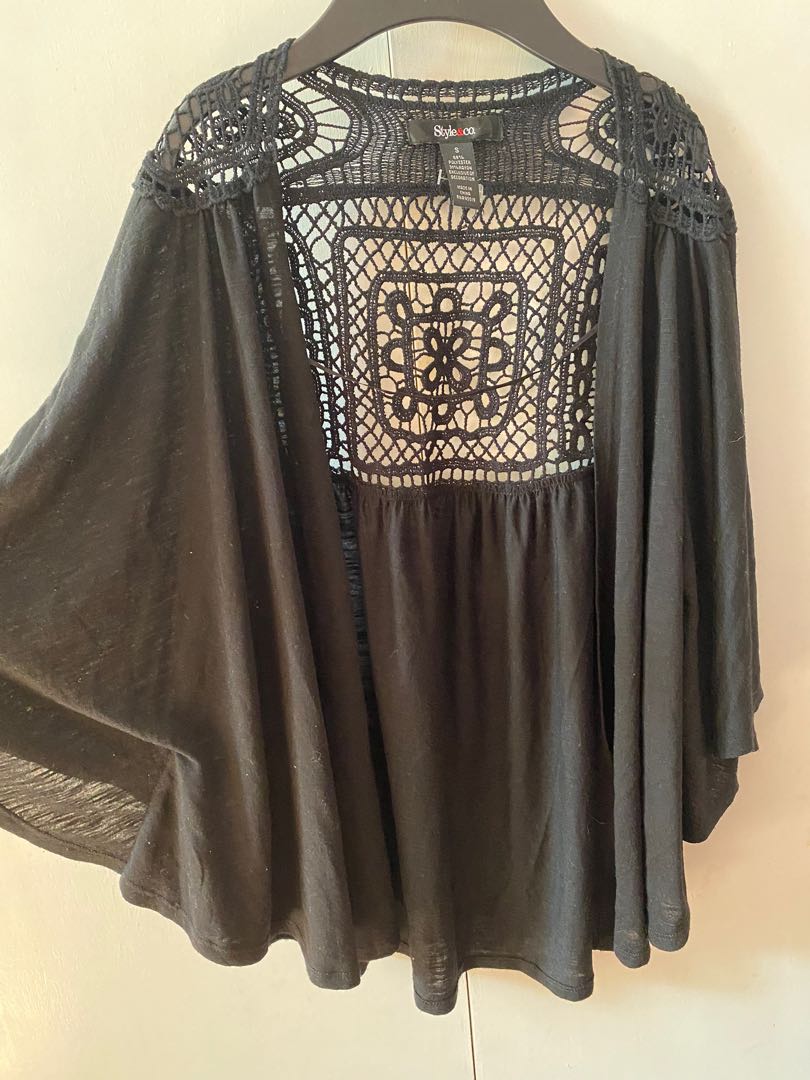 Style & Co. Kimono Cape Black Cotton Mix SmallMedium, Women's Fashion, Coats, Jackets and