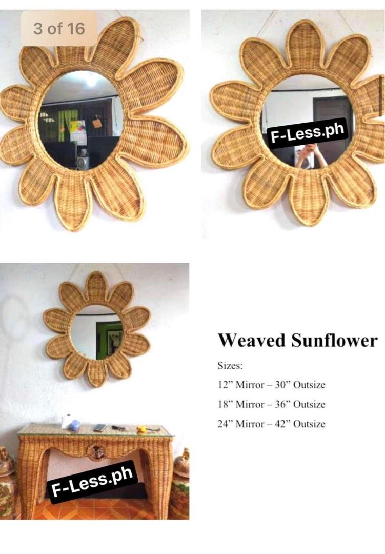 Sun flower design full weaved wicker/ Rattan Wall mirror (Category: Mirrors) located in Paranaque City. Submitted by FLess.ph (Listing ID 1192062601, Image 2). Description: Available on hand!! 18 inches( mirror size ) 36 inches total diameter Php 2980 #wow100 .