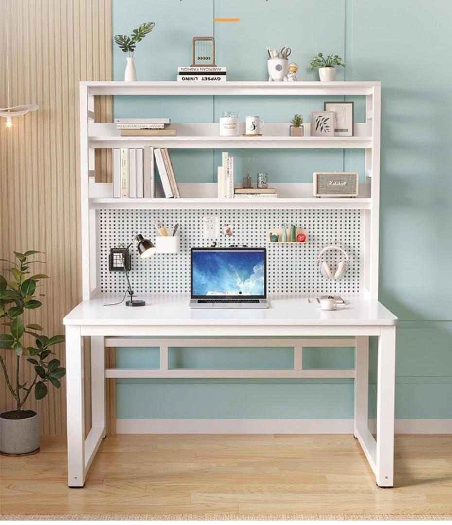 3Tier Metal Study Table Computer Desk with Pegboard and Book Shelving