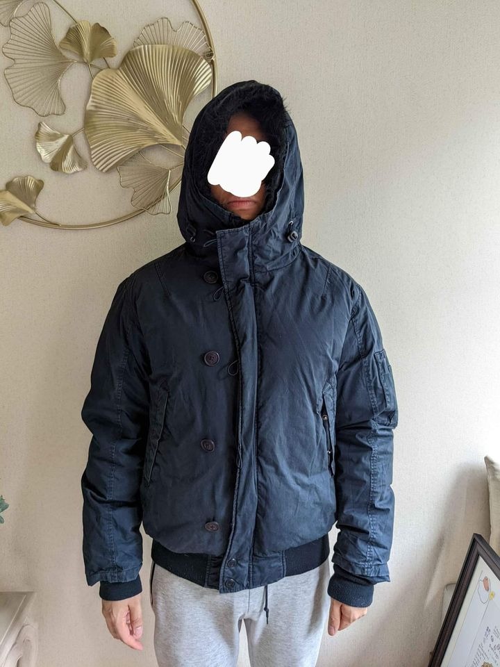 FCUK Navy Blue Winter Jacket with Black Fur Hoodie, Men's Fashion