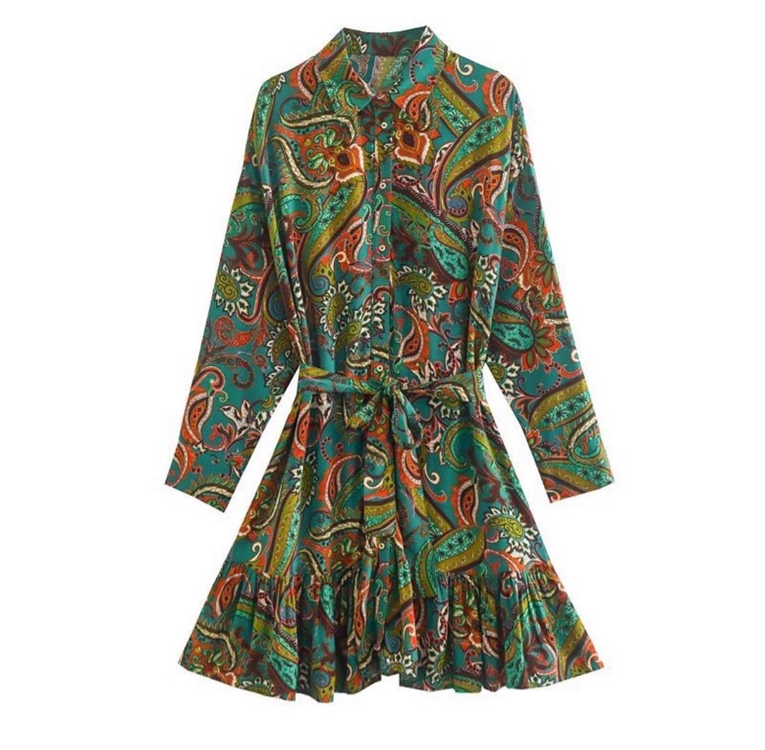 Green Paisley Print Short Sleeve Mini Dress