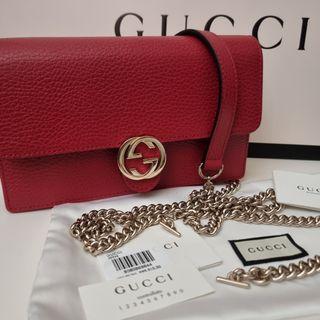 Gucci 510314 Red Calf Leather Interlocking G wallet on chain (WOC)