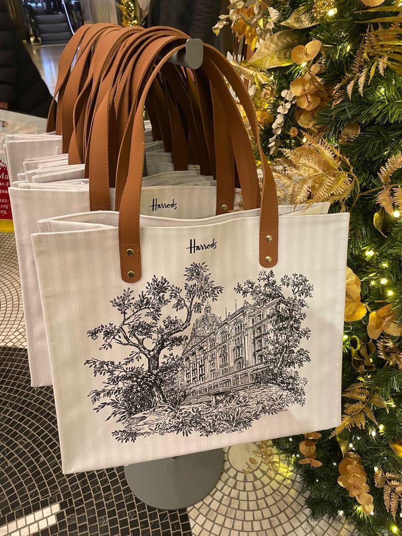 Harrods London Embroidered Jute Shopper Bag - Natural Eco-Friendly Grocery Tote With Leather Handles