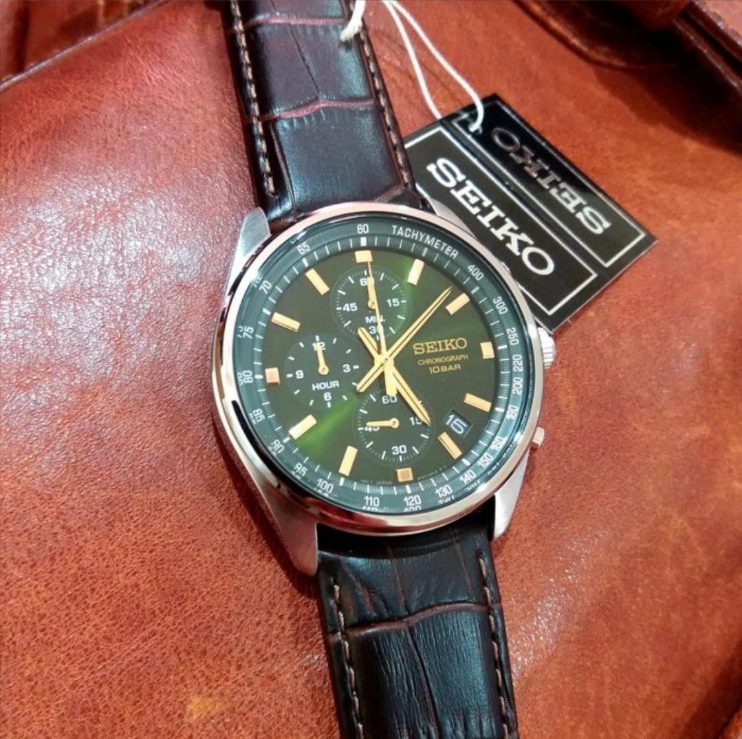 Lowest Price Seiko SSB385 Men s Green Dial Leather Strap Watch ssb385 ssb385p ssb385p1 Birthday gift birthday seiko BRAND NEW IN BOX WITH 1 YEAR