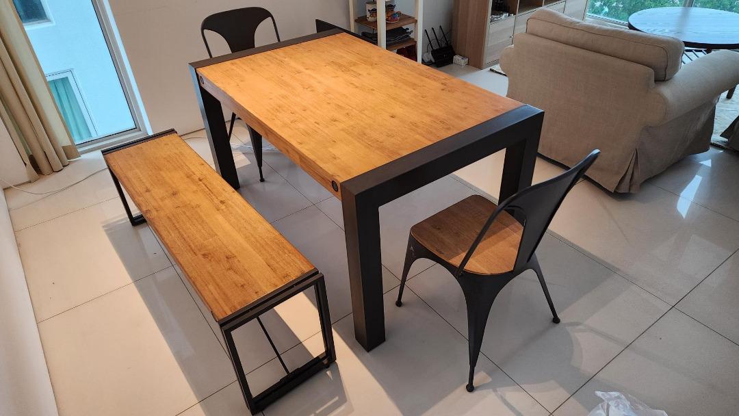 Modern Industrial Dining Room Set Table, Bench, 2 Chairs, Furniture