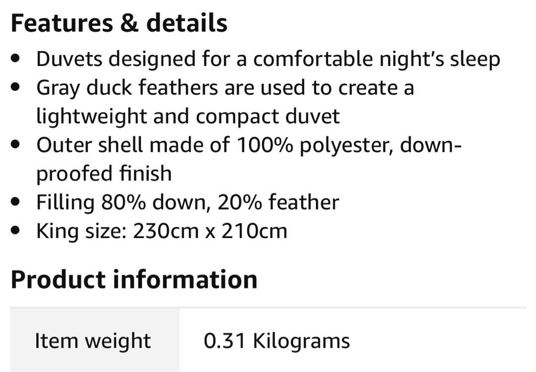 Muji Grey Down Thin Duvet, King size, Furniture & Home Living, Bedding