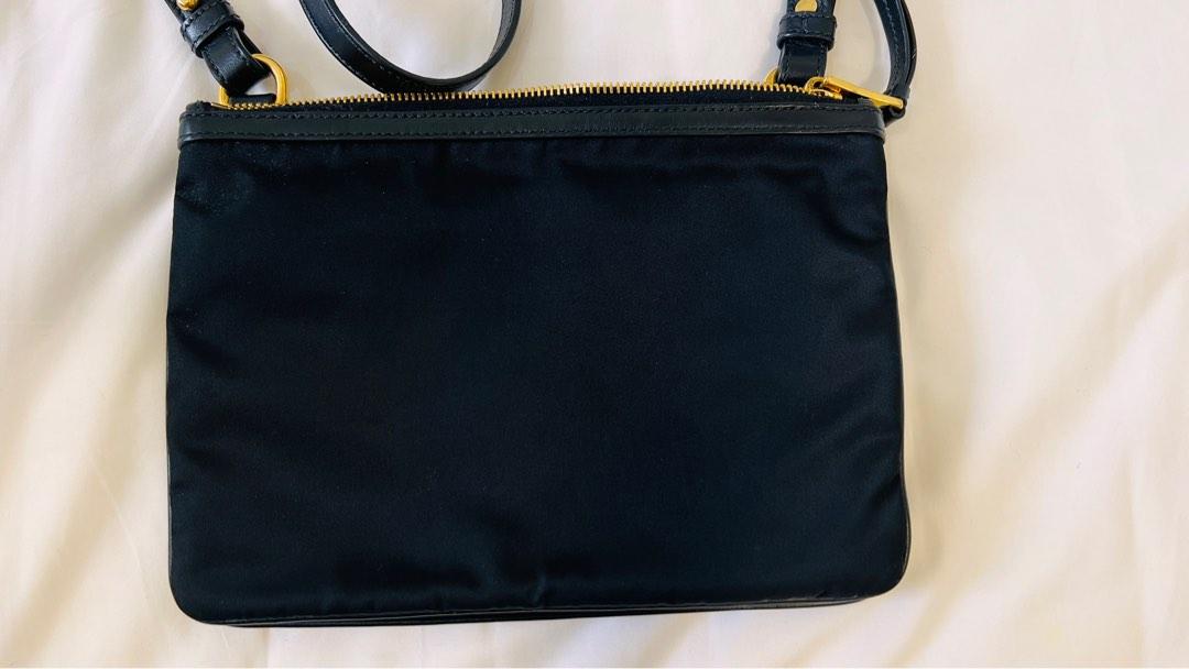 Prada Bandoliera Tessuto Nylon Soft Calf Trim Black Crossbody Bag 1BH046:  Handbags