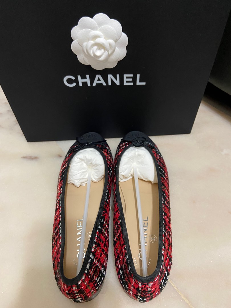Red tweed ballerina Chanel flats, Luxury, Sneakers & Footwear on