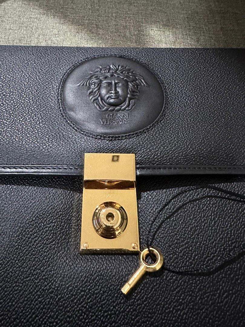 Versace Medusa Head Black Leather Envelope Evening Flap Clutch Bag with Key