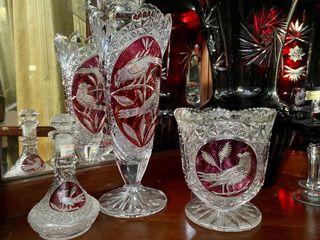 Vintage Hofbauer Byrdes  German Lead Crystal Ruby Red Vases and Decanter