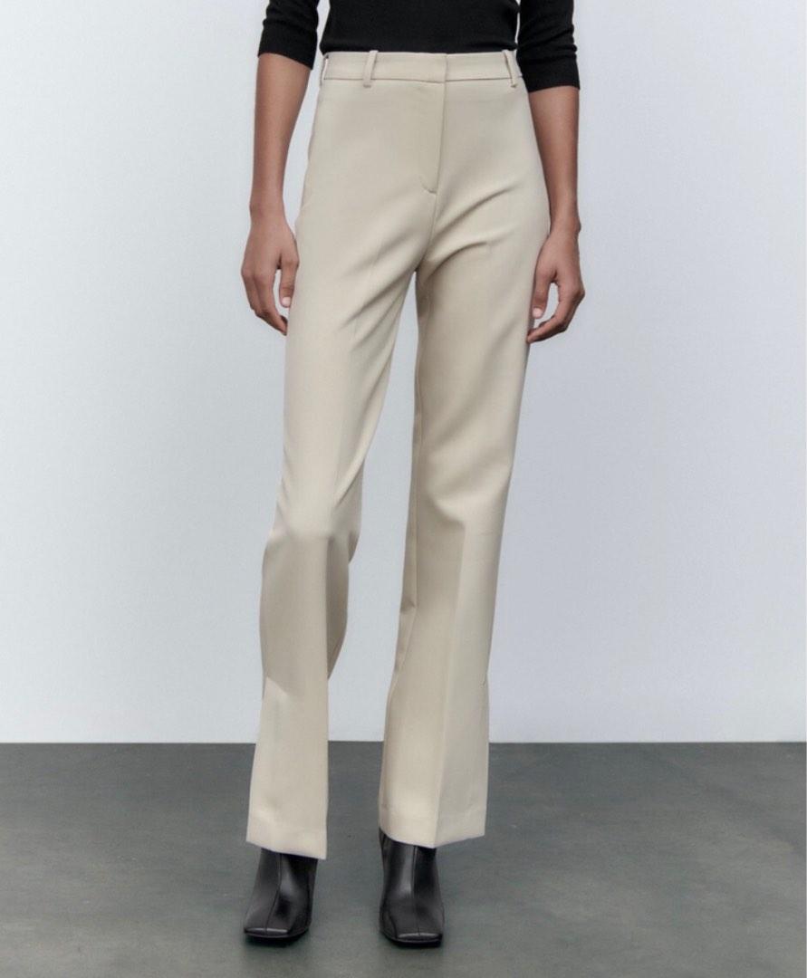 Zara Light Beige Ecru Straight Fit Trousers with Vents, Women's