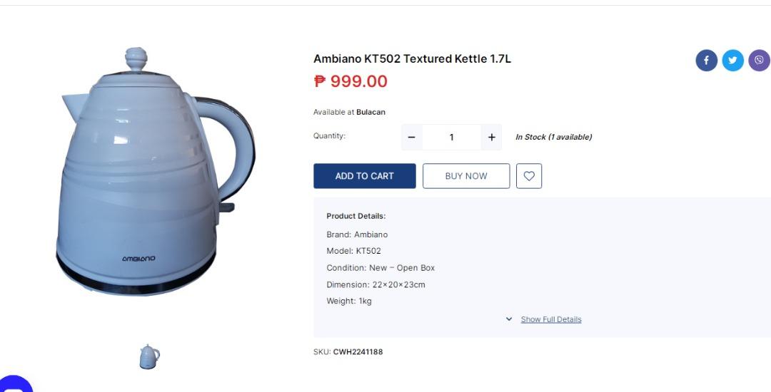 Ambiano KT502 Textured Kettle 1.7L, TV & Home Appliances, Kitchen