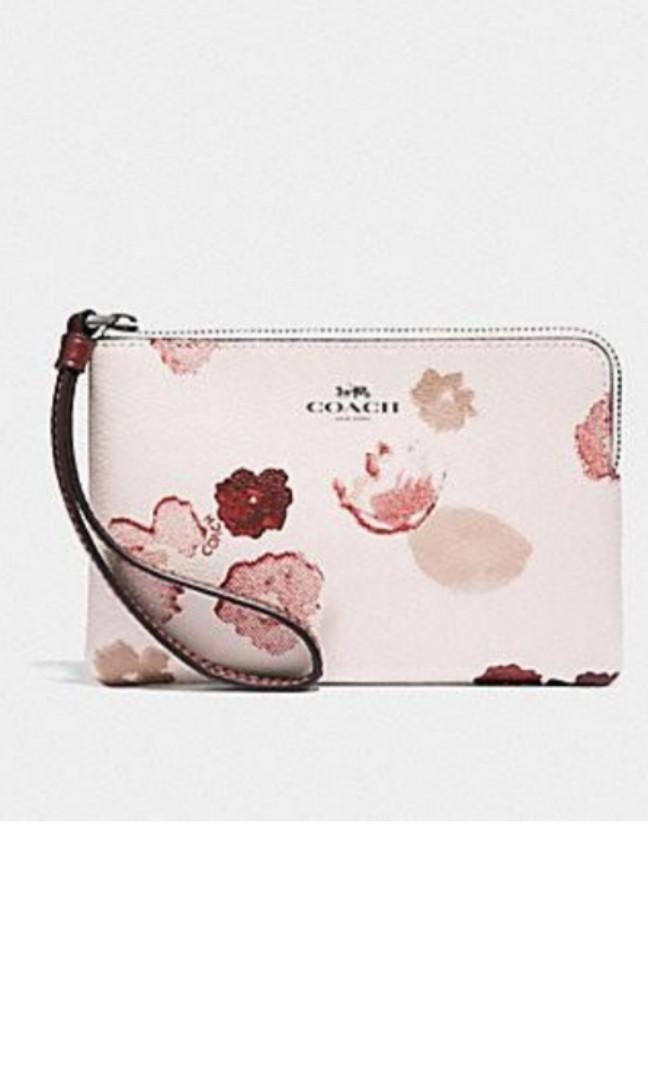 Coach Coated Canvas Floral Corner Zip Wristlet Bag Small Card Holder F39056