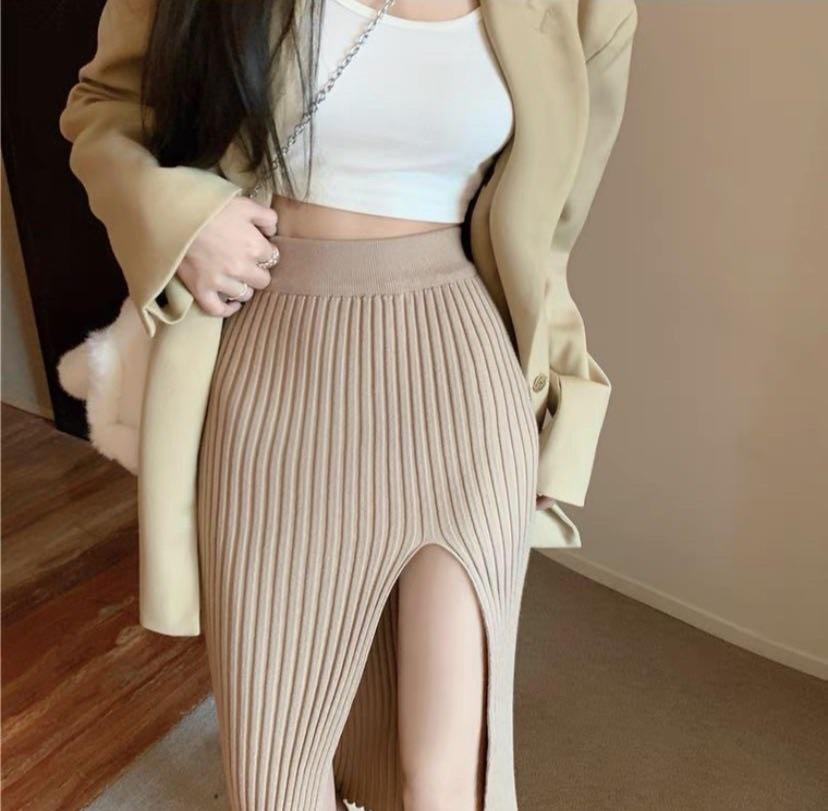 TAOBAO brown nude knitted tight uzzlang long skirt, Women's