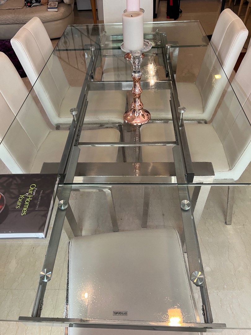 Extendable glass dining table and 6 chairs, Furniture & Home Living