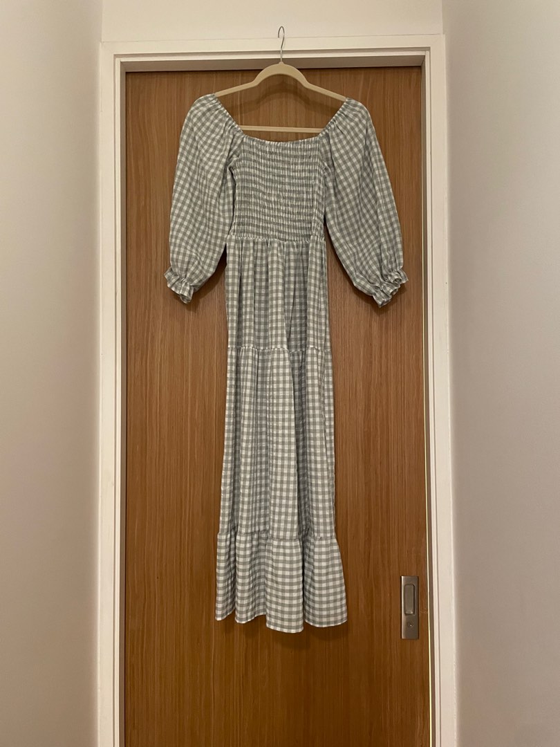 Valerie Green Gingham Cotton Shirred Midi Dress
