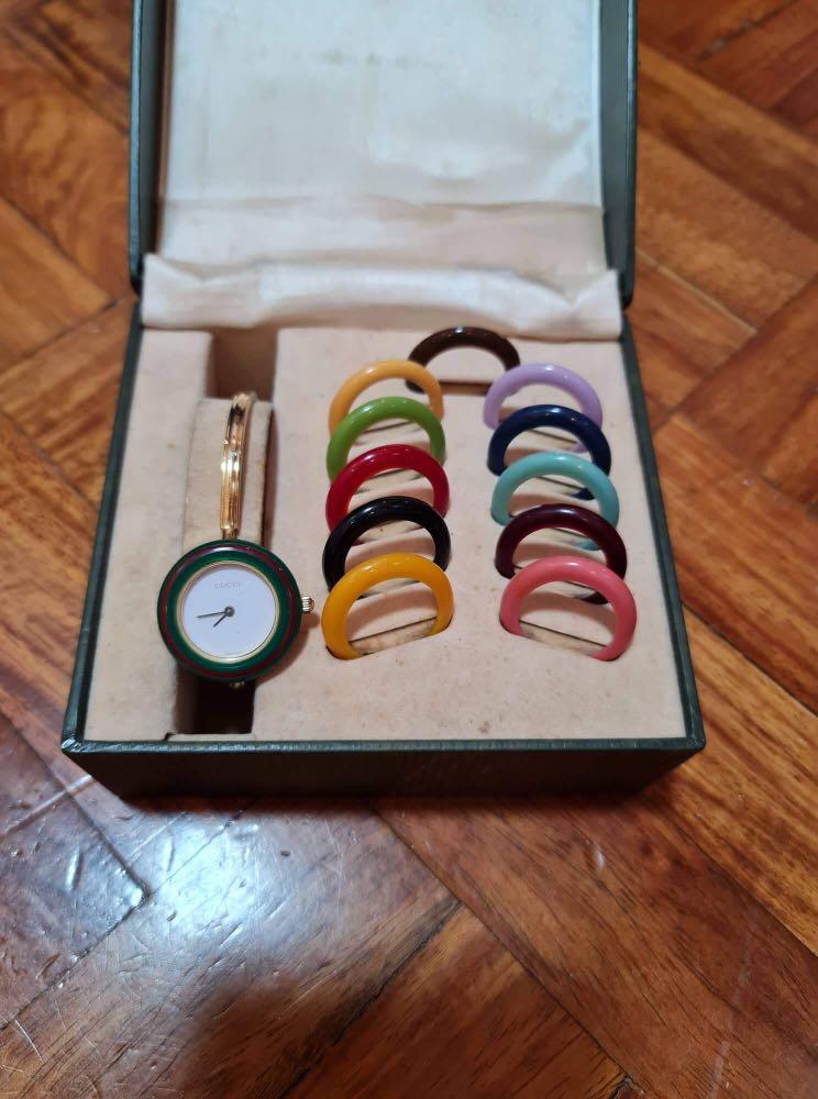 Gucci watch (Category: Women's Watches) located in Navotas City. Submitted by _strawberrymelon (Listing ID 1192525782, Image 1). Description: Original preloved gucci watch Large size With 12 original rings and box No sign of usage.