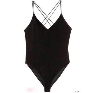 H&M Divided Black Velvet Strappy Plunge Bodysuit