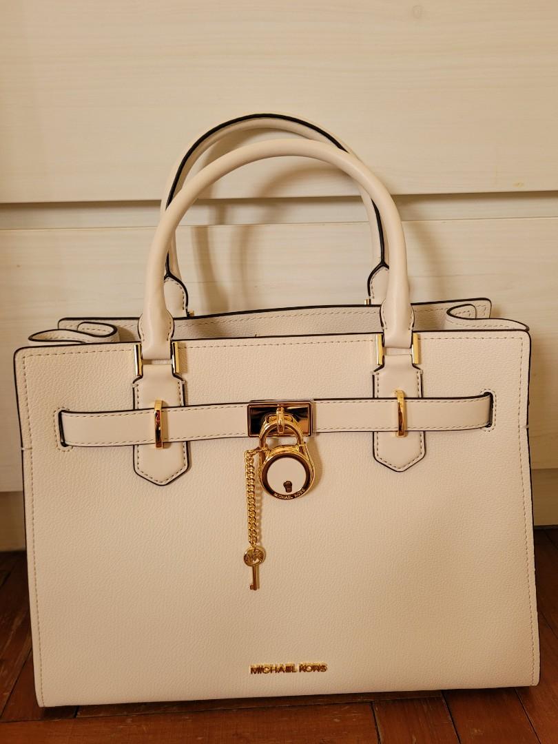 Michael Kors Hamilton Medium Satchel Multi Mk Signature Vegan Leather Light Cream