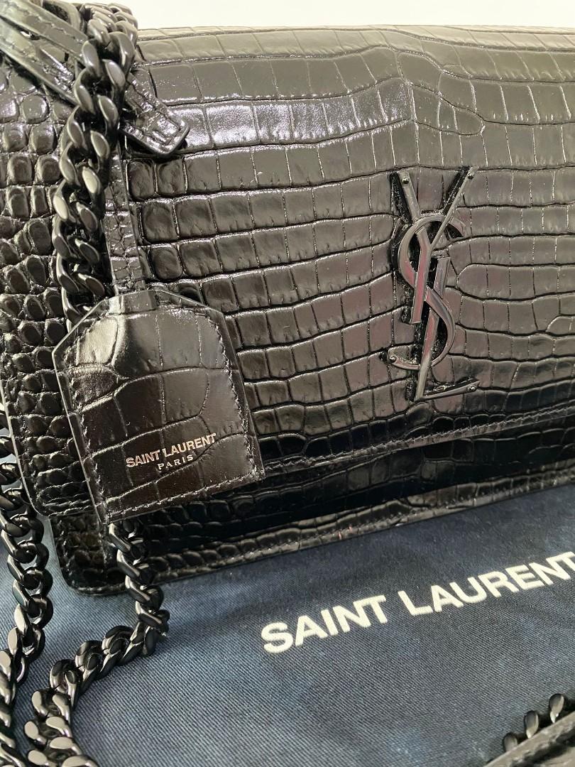 Saint Laurent Sunset Large in Crocodile-Embossed Shiny Leather - Black