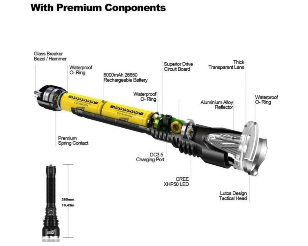 Super Bright LED Torch PFSN TCP50 Powerful Flashlight with 6000 Lumen P50 LED Rechargeable