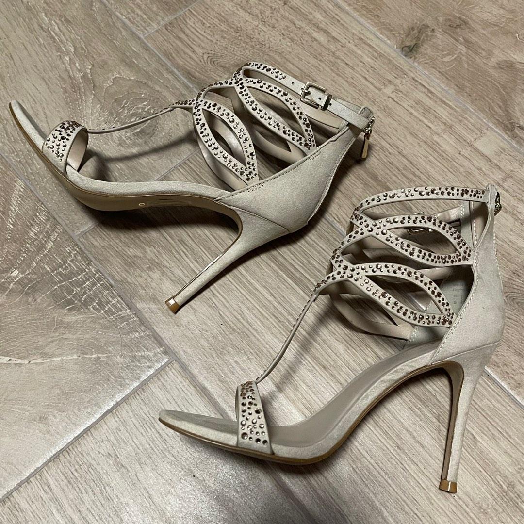 Sz US 6 EUR 36 UK 3 Aldo nude faux suede embellished caged sandals heels