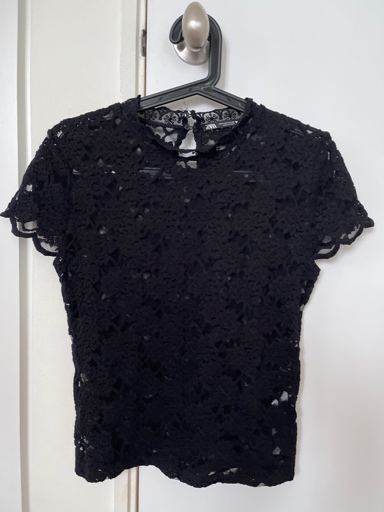 zara black squiggle lace high neck zip back top ... m main image 0