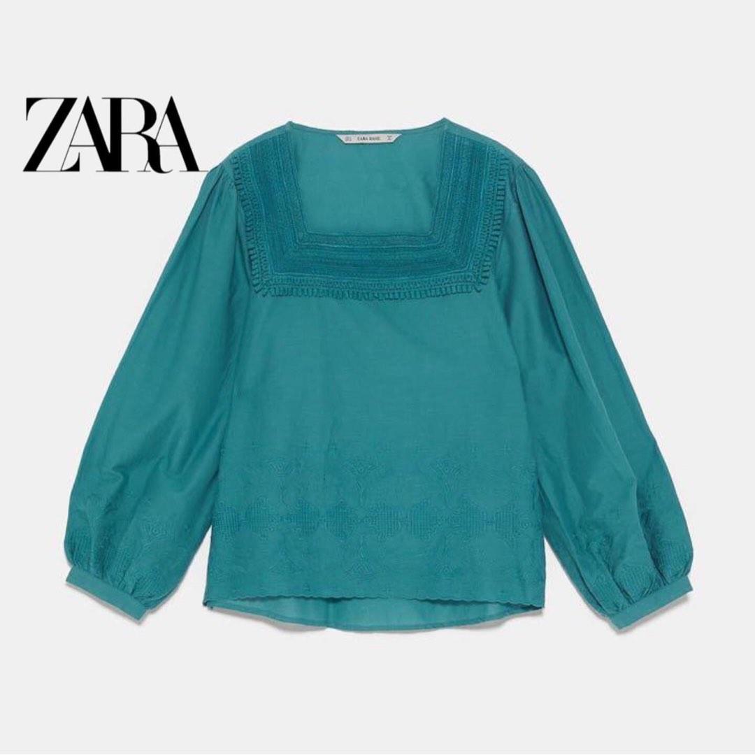 ZARA Embroidered Green Square Neck Blouse Top, Fesyen Wanita, Pakaian ...