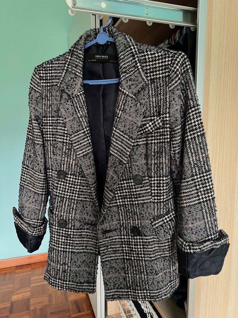 Zara Tweed Checked Blazer Wool Blend