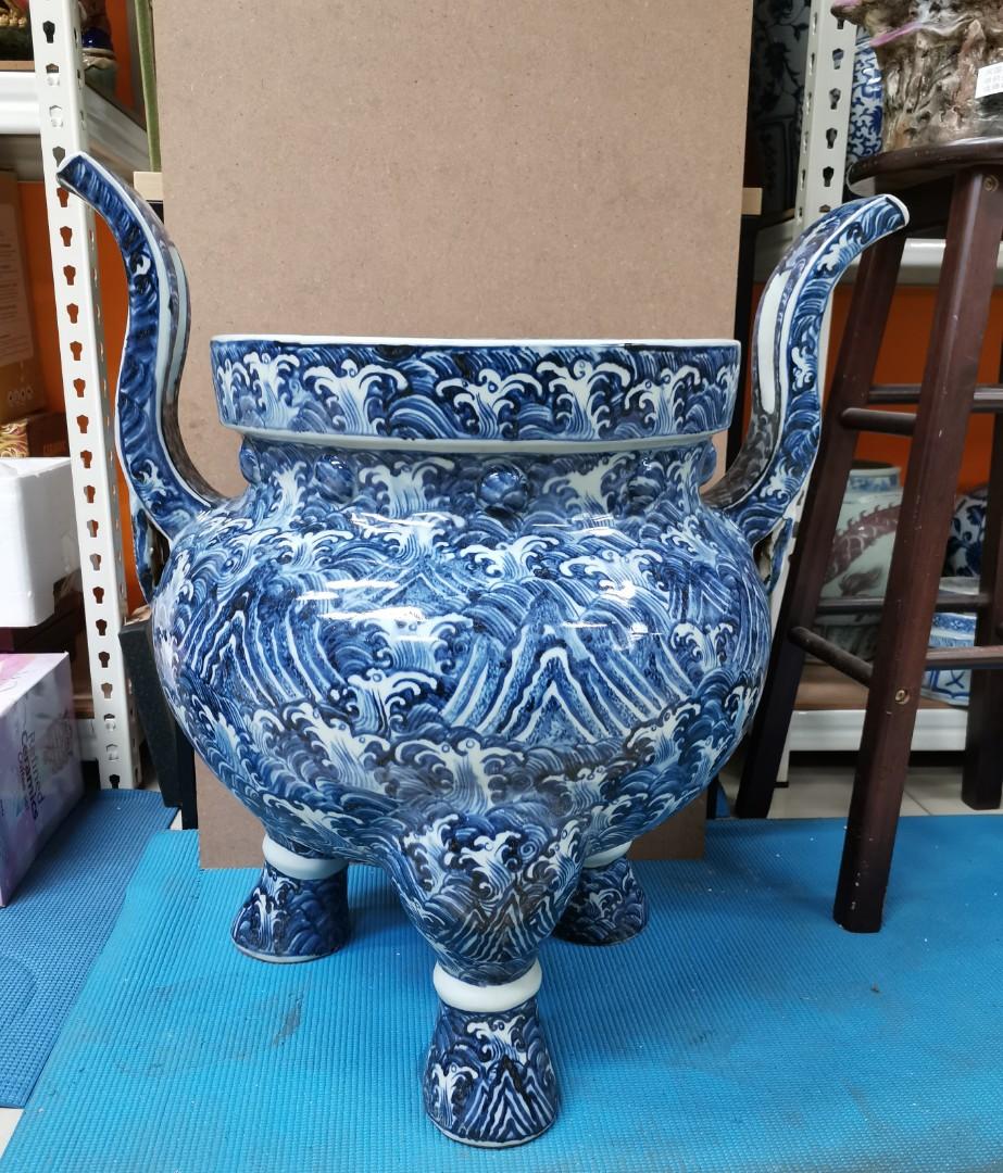 ◆古寳堂◆明 宣德年製款 雪花藍地 海水海獣紋 梅瓶 古陶瓷品 極細工 古置物 古擺件 中国古美術 時代物 古董品