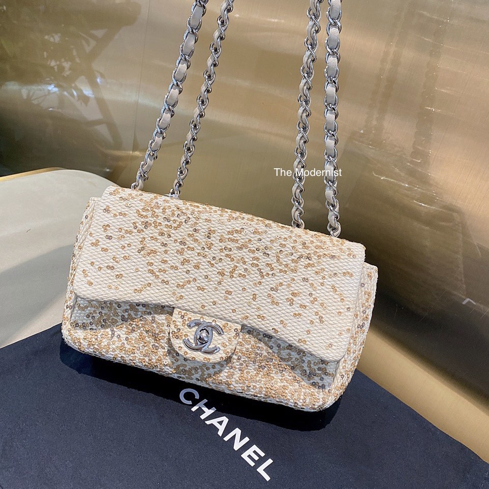Authentic Chanel Beige Natural Woven Raffia and Sequin Flap Bag 2013