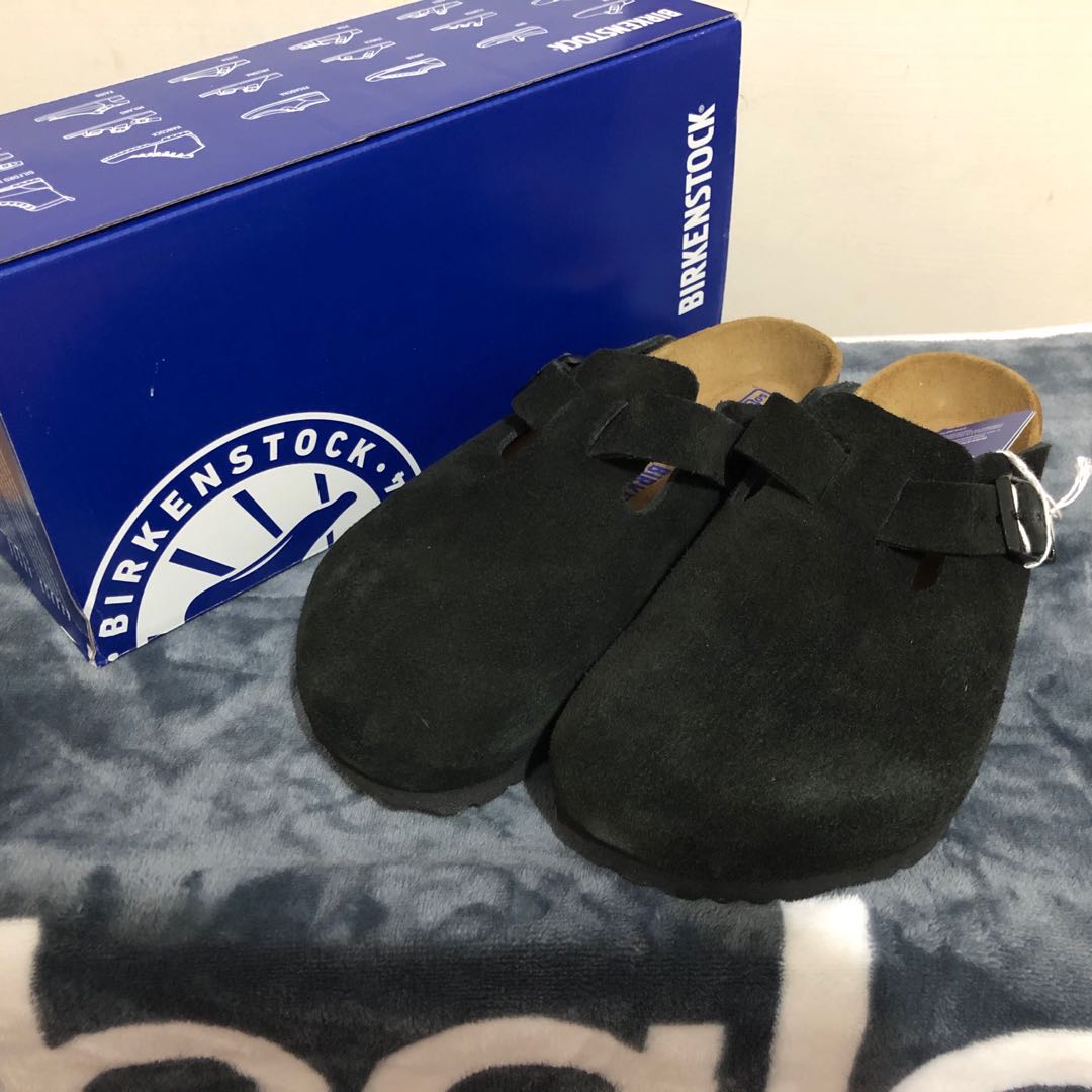 全新）Birkenstock Boston 勃肯包頭拖鞋黑麂皮26cm, 她的時尚, 鞋