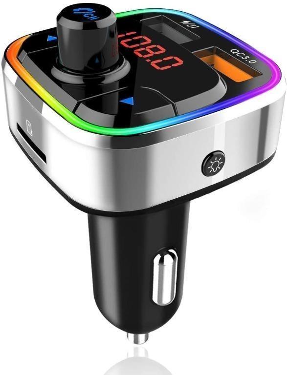 Bluetooth 5.0 Car FM Transmitter, Wireless Bluetooth Car Radio Audio Adapter  Hands-free Car Kit with QC3.0 & 5V/2.4A USB Car Charger, Colorful Backlit,  Mp3 Music Player Support TF Card/USB for iPhone, Audio