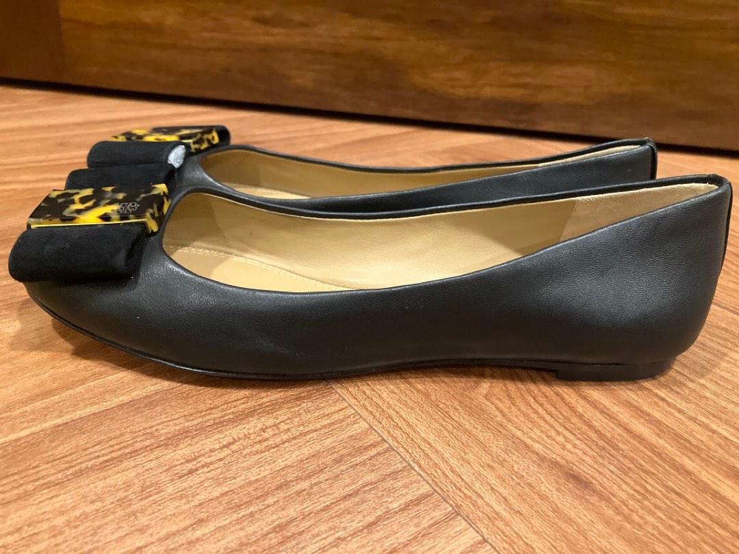 Brand New Tory Burch Chase Black Leather Tortoise Bow Flats