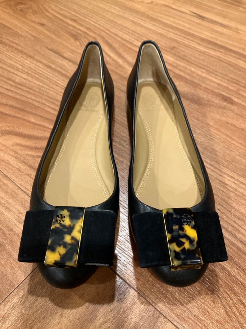 Brand New Tory Burch Chase Black Leather Tortoise Bow Flats
