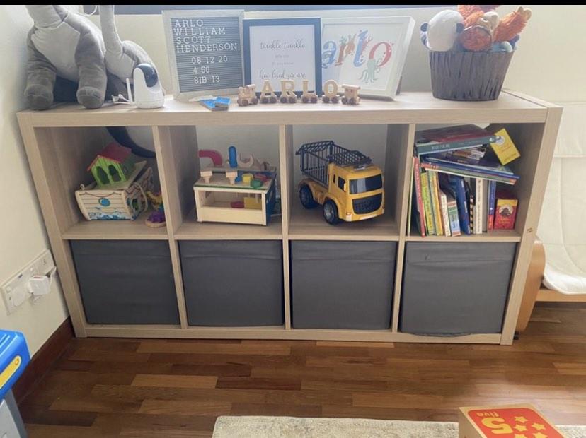 Kallax Shelf with 4 grey boxes, Furniture & Home Living, Furniture