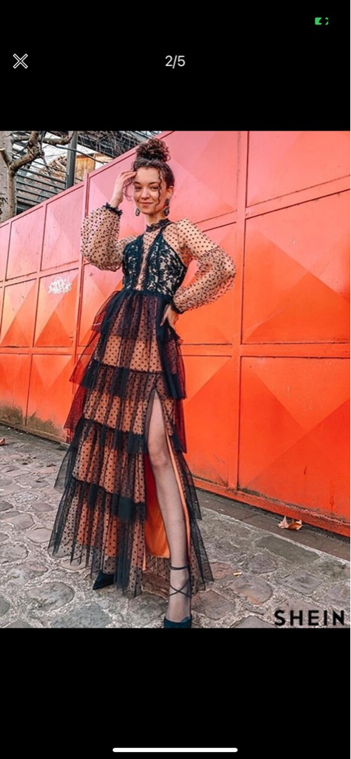 Sweet Polka Dot Mesh Off The Shoulder Long Formal Dress with Slit