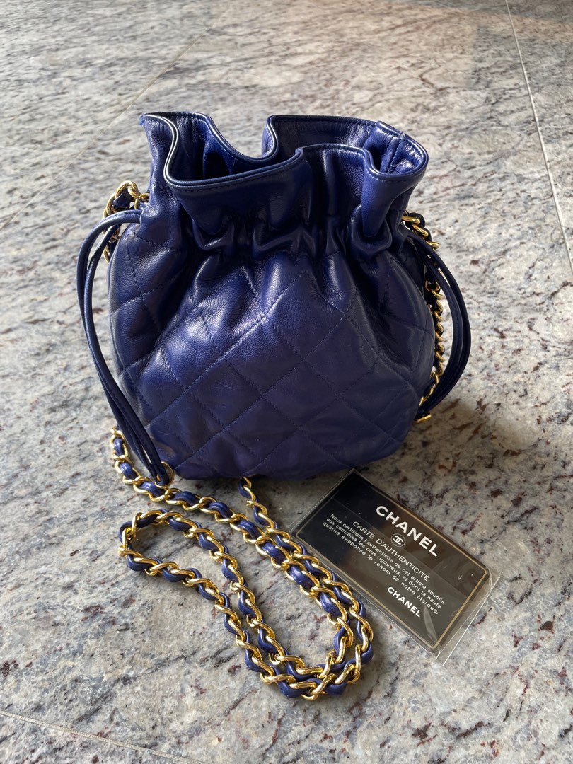 Vintage Chanel blue lambskin mini drawstring bucket bag, Luxury