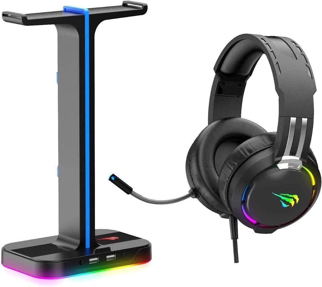 HAVIT TH650A RGB Gaming Headset & Dual Hanger Headphone Stand Set with  Phone Holder & 2 USB Ports