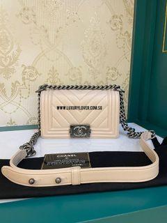 #24 Like New Chanel Boy Small Chevron Light Beige Caviar RHW