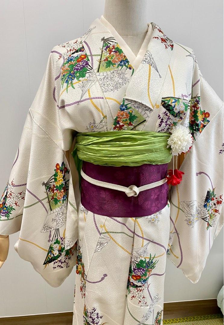 清理庫存出售日本回流正絹白色花小紋和服一件, 女裝, 連身裙& 套裝 