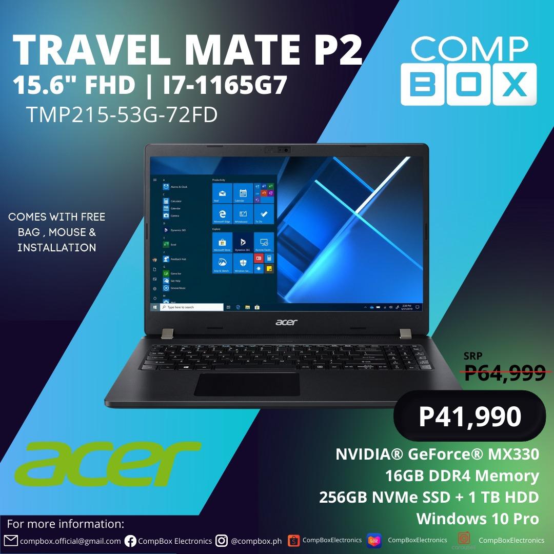 Acer Travel Mate P2 TMP215-53G-72FD (Category: Laptops & Notebooks) located in Manila. Submitted by CompBoxElectronics (Listing ID 1192885544, Image 1). Description: Acer Travel Mate P2 TMP215-53G-72FD ₱41,990 ONLY SPECIFICATIONS: 🔹Display: 15.6" FHD Acer ComfyView LED LCD 🔹Processor: Intel® Core™ i7-1165G7 🔹Memory: ‎16GB DDR4 Memory 🔹Hard Drive: ‎256GB PCle NVMe SSD + 1000GB HDD 🔹Graphics: NVIDIA® GeForce® MX330 with 2GB VRAM 🔹Operating Sy