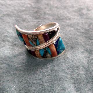 Bohemian Turquoise Sterling Silver Adjustable Ring ( Multi-stone Corn Row Inlay)