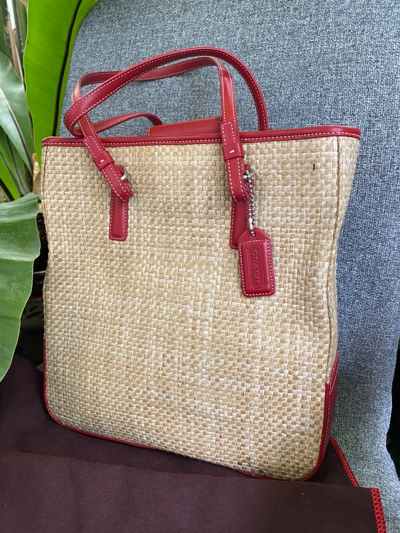 Coach Beige Woven Straw Tote Red Leather Trim Women s Fashion