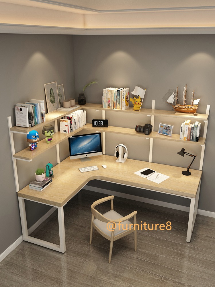 F8-0047 Double solid wood corner desk and bookshelf combination against ...