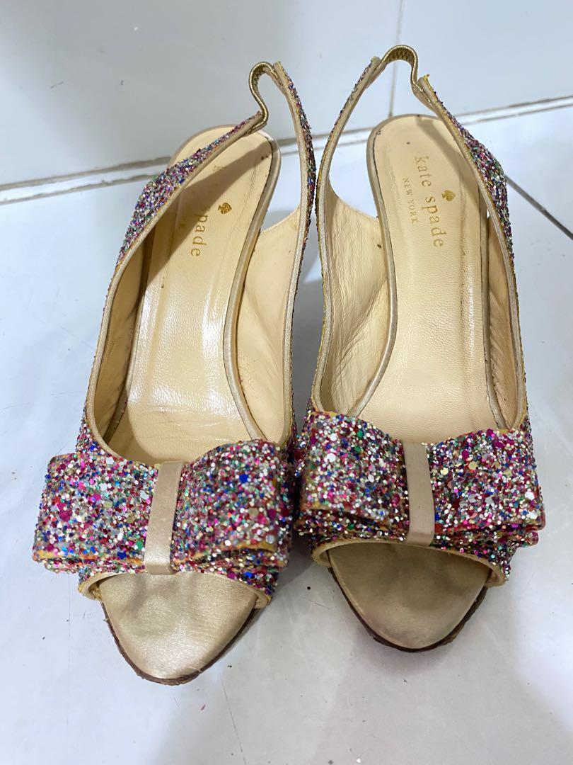 KATE SPADE Glitter Bow Slingback Pumps, Fesyen Wanita, Sepatu di Carousell