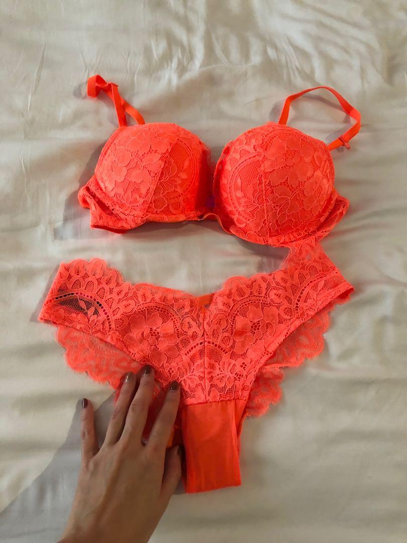 La Senza / Lace / Neon Orange / Bra & Cheeky Panty Set, Women's